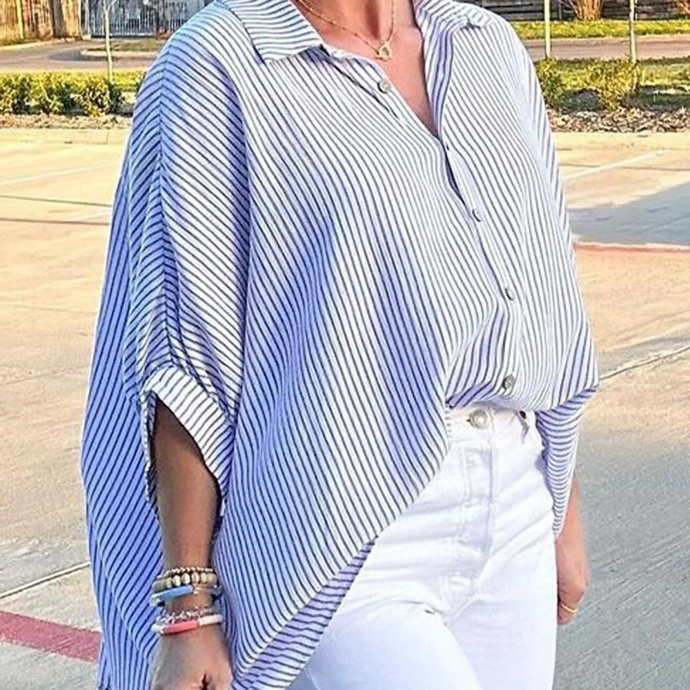 Classic Blue Striped Button Down Shirt for Women - Picture 2 of 14